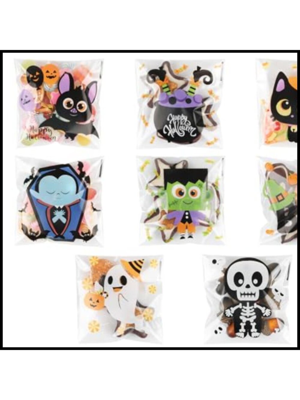 LOMIMOS Halloween Candy Bags Self-Adhesive Cellophane 200pcs 8-Style Treat Bags